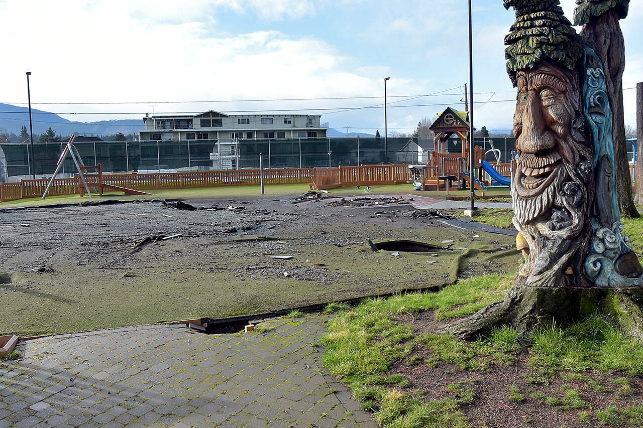 A tree trunk sculpture looks over the scorched site of what was once the main play structure of the Dream Playground at Erickson Playfield in Port Angeles. (Keith Thorpe/Peninsula Daily News)