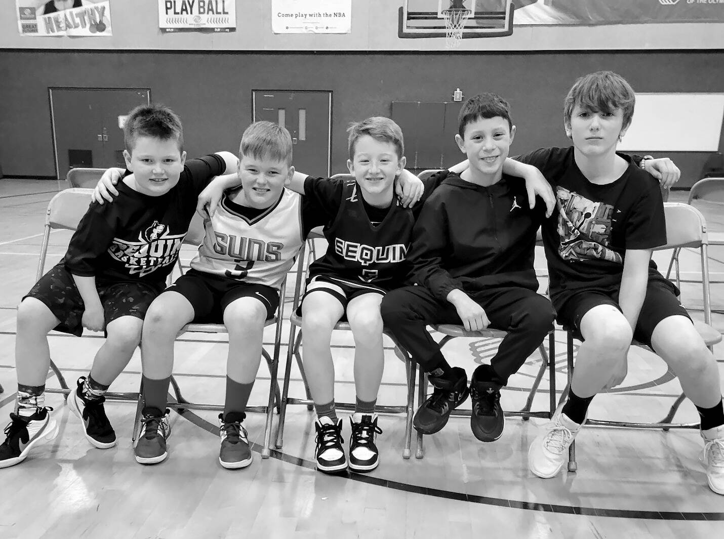 Snow and ice may have forced a delay but the Sequim Elks Lodge recently held its National Hoop Shoot competition at the Sequim Boys & Girls Club. Contestants included, from left, Bennett Castell, Grayson Castell, Roman Bacchus, Maks Lopez and Luca Blake. 
Bennett Castle won the 8-9 age bracket, Bacchus the 10-11 division and Blake the 12-13 group and all three will compete at the district-level of the National Hoop Shoot competition.