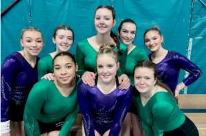 The Port Angeles/Sequim gymnastics team held its last home meet of the year Monday. From left, back row, are Susannah Sharp, Faith Carr, Waverly Mead, Maddie Adams and Madi Ripley. From left, front row, are Shavari Epps, Lucy Spelker and Ryah Deleon. (Port Angeles gymnastics)