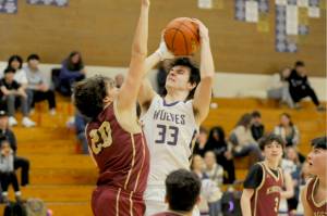 Sequims Jamison Gray goes up for a shot against Kingston in Sequim on Tuesday. The Wolves won 63-50 as six players scored at least eight points. (Michael Dashiell/Olympic Peninsula News Group)