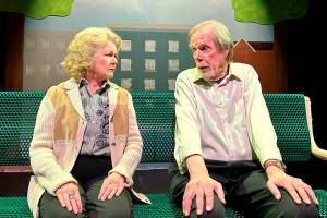 Matthew Nash/ Olympic Peninsula News Group

Carol and Ralph, played by Sharon DelaBarre and Pat Owens, share a tender moment speaking about their spouses in a dog park bench in Olympic Theatre Arts’ “The Last Romance.”
