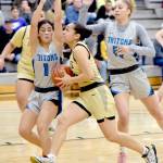 Peninsulas Shania Moananu, from, presses to the key defended by Edmonds Maggie Salas, left, and Jada Walters on Saturday at Peninsula College. (Keith Thorpe/Peninsula Daily News)