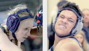 Forks' Miley Blanton, left, and East Jefferson's Manaseh Lanphear-Ramirez were both regional wrestling champions.