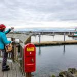 Artist Chris Stevenson, who described herself as an urban sketcher from Port Townsend, uses a pencil for scale as she sketches the work at the new entrance to Point Hudson Marina on Monday morning. A group in town, the Port Townsend Urban Sketchers will meet at 10 a.m. Saturday to sketch at the Port Townsend Aero Museum. Sessions are free and open to sketchers of all skill levels. For more information, see www.urbansketchersporttownsend.wordpress.com. (Steve Mullensky/for Peninsula Daily News)