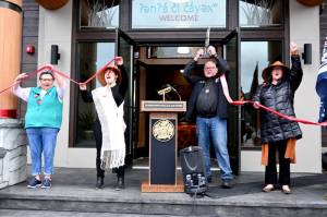 Jamestown SKlallam Tribe council leaders celebrate the opening of the tribes new library at its Blyn campus on Saturday. Pictured, from left, are treasurer Theresa Lehman, vice chair Loni Grinnell-Greninger, chair/CEO Ron Allen and secretary Rochelle Blankenship. (Michael Dashiell/Olympic Peninsula News Group)