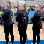 From left, Port Angeles and Sequim gymnasts Scarlett Sullivan, Susannah Sharp and Lucy Spelker all competed at the state 1A/2A/3A/ championships at Sammamish High School late last week.