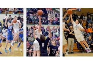 Port Angeles Parker Nickerson, left, and Isaiah Shamp, center, were named to the Olympic League boys basketball first team. Sequims Keenan Green, right, was named to the second team. (Keith Thorpe and Michael Dashiell photos)