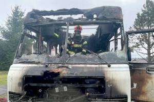 Firefighters extinguished a fire in an RV near Olympic Medical Center on Wednesday in Port Angeles. No one was injured. (Port Angeles Fire Department)