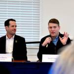 Port Townsend City Manager John Mauro, left, and Mayor David Faber speak during the citys annual State of the City address at the Port Hudson building in Port Townsend on Monday. Faber and Mauro said the city faced some challenges in 2023 but also made progress on important issues like housing and infrastructure. (Peter Segall/Peninsula Daily News)