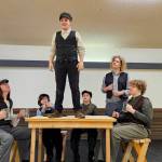 Students portraying the rustics, a band of country citizens, rehearse a scene for the Port Townsend School District OCEAN production of A Midsummer Nights Dream.