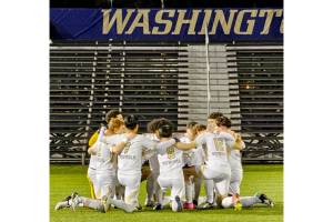 The defending NWAC champion Peninsula College men's soccer team meets before playing a scrimmage against the Washington Huskies on Sunday. (Peninsula College)