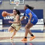 Jay Cline/Peninsula College Athletics Peninsulas Shania Moananu turns the corner on a Centralia Trailblazer defender during the NWAC Womens Basketball Tournament on Friday at Columbia Basin Colleges Holden Court in Pasco.