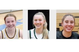 From left, Forks' Keira Johnson, Port Angeles' Izzy Felton and Neah Bay's Ryana Moss were all picked to play for the 2B, 2A and 1B all-state girls basketball teams this weekend.