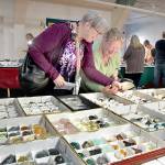 M.E. Bartholomew, left, and Jenny Schaper, both of Port Angeles, look at interesting specimens at a display table set up by Shelton-based Elemental Endeavors on Saturday at the annual Rock, Gem and Jewelry Show at Vern Burton Community Center in Port Angeles. Hosted by the Clallam County Gem and Mineral Association, the two-day exposition featured two dozen vendors selling rocks, minerals, fossils, beads, faceted gemstones, jewelry and lapidary tools, as well as live demonstrations and childrens activities. (Keith Thorpe/Peninsula Daily News)