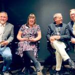 From left to right, Sean Coleman, Colleen Robinson, Brown Maloney and Todd Ortloff display the awards they earned Friday during the annual gala of the Clallam County Economic Development Council at Field Arts & Events Hall in Port Angeles (Lorie Fazio/Clallam County EDC)