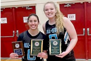 Neah Bays Ryana Moss, left, was named the 1B/2A all-state game MVP, while Allie Heino of Mount Vernon Christian was named the 1B MVP. (Courtesy photo)