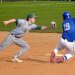 KEITH THORPE/PENINSULA DAILY NEWS
Port Angeles shortstop Alex Angevine, left, catches Olympic's Landon Nicholson on a second base steal attempt for an out during Thursday's game at Port Angeles Civic Field.