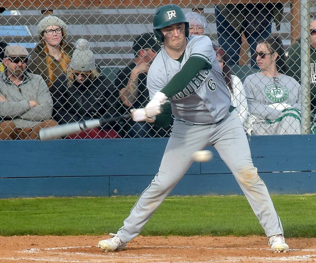 Port Angeles Colton Romero bats in the third inning against Olympic on Thursday afternoon in Port Angeles. (KEITH THORPE/PENINSULA DAILY NEWS)