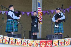 The Parking Lot Pipers, seen performing at the Sequim Lavender Weekend in 2023, are a modern trio keeping up a historically rich musical art form. (Emily Matthiessen/for Olympic Peninsula News Group)