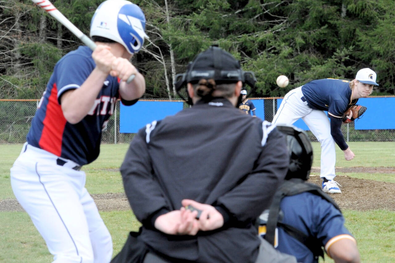Forks Gunner Rogers pitches to a Pe Ell/Willapa Valley batter in the first game of a doubleheader Tuesday at Fred Orr Park. Rogers was the winning pitcher in a 10-6 victory. (Lonnie Archibald/for Peninsula Daily News)