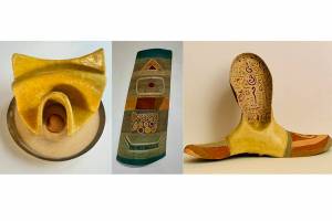 Pictured: exhibition showcard / artwork banner with images of "Semiahmoo Cove", "Across the Salish Sea", "Flamenco"