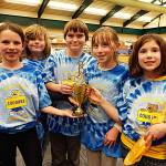 The Blue Titans, from left, Ramsey OMera, Miles Angelovic, Winter Radcliffe, Rain Nelson and Mia Miano won the 2024 Battle of the Books on March 22. The fourth-graders represented Sequims Helen Haller Elementary School. (North Olympic Library System)