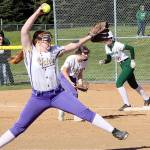 Sequim’s pitcher Nevaeh Owens delivers to the plate while the PA runner at first Lexie Smith is ready to take off. Sequim first baseman is Rylie Doig also ready for a play. dlogan