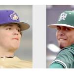 Zeke Schmadeke, Sequim baseball, left, and Brian Guttormsen, Port Angeles baseball. (Photos by Michael Dashiell/Olympic Peninsula News Group, and Keith Thorpe/Peninsula Daily News)