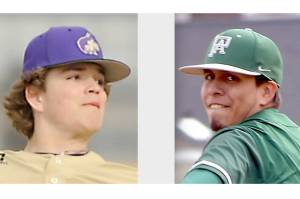 Zeke Schmadeke, Sequim baseball, left, and Brian Guttormsen, Port Angeles baseball. (Photos by Michael Dashiell/Olympic Peninsula News Group, and Keith Thorpe/Peninsula Daily News)