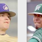 Zeke Schmadeke, Sequim baseball, left, and Brian Guttormsen, Port Angeles baseball. (Photos by Michael Dashiell/Olympic Peninsula News Group, and Keith Thorpe/Peninsula Daily News)