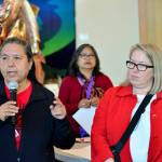 Lower Elwha Klallam Tribal Chairwoman Frances Charles speaks to a crowd of more than 100 alongside Port Angeles Mayor Kate Dexter as the group prepares for a march Friday in honor of Missing and Murdered Indigenous People. May 5 is National Missing and Murdered Indigenous Persons Awareness Day which seeks to educate the public about the high rates of domestic violence and unsolved murders in indigenous communities. (Peter Segall/Peninsula Daily News)