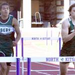 Nicholas Zellar-Singh/Kitsap News Group
Port Angeles' Donovan Heins, left, and Parker Nickerson run in the 110-meter hurdles Thursday at the Olympic League Track and Field Championship at North Kitsap High School. Nickerson won both the 100 and the 300 hurdles while Heins won the long jump Saturday with the No. 1 distance in the entire state.