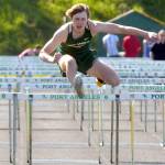 KEITH THORPE/PENINSULA DAILY NEWS
Parker Nickerson of Port Angeles leads the way to win the boys 100 hurdles on April 19 on the track at Port Angeles High School.