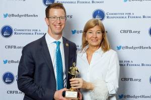 U.S. Representative Derek Kilmer, D-Gig Harbor, with Maya MacGuineas, president of the bipartisan Committee for a Responsible Federal Budget.