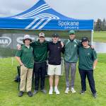 Bob Anderson/Port Angeles Golf
The Port Angeles boys golf team from left, Sky Gelder, Austin Worthington, Reid Schmidt, Nate Anderson and Max Gagnon, recently competed at the Class 2A State Tournament at Liberty Lake Golf Course in the Spokane Valley.
Anderson shot a 76 in his opening round and was looking for a high finish before a spring squall complicated matters for all players, dropping temperatures with cold rain and wind. He ended up earning 20th place.