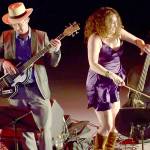Rebecca Roudman, right, and Colin Williams of the San Francisco Bay area-based Renegade Orchestra take the stage at Field Arts & Events Hall, a Saturday venue of the Juan de Fuca Festival of the Arts. (Keith Thorpe/Peninsula Daily News)