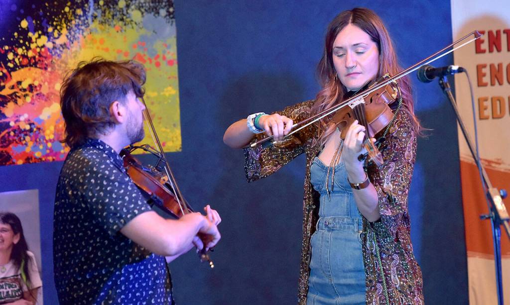 Chris Lynch and Chandra Johnson perform as a duo on the Chamber Stage at the Juan de Fuca Festival of the Arts on Saturday in Port Angeles. (Keith Thorpe/Peninsula Daily News)