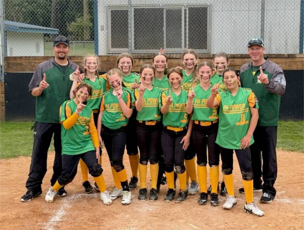 The 12U Majors fastpitch champions at the Port Angeles city championships were PA Power. From left, rear, are coach Ryan Smith, Bella Holland, Chloe Beck, Madison Smith, Alison Leitz, Lillian Wasnock and coach Alex Gay. From left, front row, are Audrey Leitz, Morgan Smith, Ashlyn Gay, Anna Leitz, Dallas Traband and Kaylee Konopaski. (Courtesy of NOBAS)