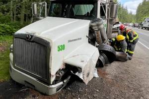 Three people were transported to hospitals for injuries on Monday after a collision on U.S. Highway 101 that involved two SUVs and a semi-truck. (Clallam County Fire District 3)