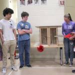 Pictured left to right, Ginny Wagner, Xxzavyon (XJ) Square, Ewan Mordecai-Smith, Elise Sirguy, Mahayla Amendolare and Mallory Hartman cut the ribbon of the little free library at Jefferson Elementary School on Friday. (Darlene Cook)