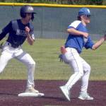 KEITH THORPE/PENINSULA DAILY NEWS Wilder Juniors Bryce Deleon, left, arrives at second ahead of the throw to Sedro-Woolley shortstop Cail Wilson on Tuesday afternoon at Port Angeles Volunteer Field.