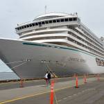 The cruise ship Crystal Serenity sits moored at Terminal 1 during a visit to Port Angeles on Saturday. Crystal Serenity is the first large cruise ship to visit Port Angeles since 2016. The 820-foot-long luxury vessel has a capacity of 740 passengers. The vessel continued to a port of call in Victoria on Sunday on its way to Vancouver, B.C. (KEITH THORPE/PENINSULA DAILY NEWS)