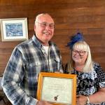 Dan Peacock, on left, receives the 2024 Community Service Award from Lora Brabant, president of the Clallam County School Retirees Association.
Dan Peacock, on left, receives the 2024 Community Service Award from Lora Brabant, president of the Clallam County School Retirees Association.