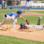 Jeremy Giesegh of the Port Angeles Lefties, playing first base, tags a Bellingham runner during a pickoff attempt Sunday at Civic Field. Giesegh, who is batting .373, was selected to the North team for the West Coast Leagues first All-Star game since 2019. The game will be played in Bellingham. (Dave Logan/for Peninsula Daily News)