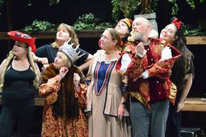 The cast of "The Curate Shakespeare As You Like It" is, from left, Dawn Alexander,  Wesley Vollmer, Tara Dupont, Donna Behrens, Ben Heintz, Zack Wiedenhoeft and Marissa Wilson LaJambe. The comedy arrives Friday at the Port Angeles Community Playhouse. Diane Urbani de la Paz/For Peninsula Daily News