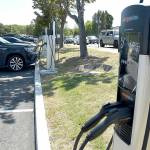 A set of electric vehicle charging stations stand ready for public use in the parking lot of the Clallam County Courthouse in Port Angeles. (Keith Thorpe/Peninsula Daily News)