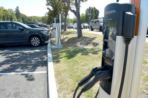 A set of electric vehicle charging stations stand ready for public use in the parking lot of the Clallam County Courthouse in Port Angeles. (Keith Thorpe/Peninsula Daily News)