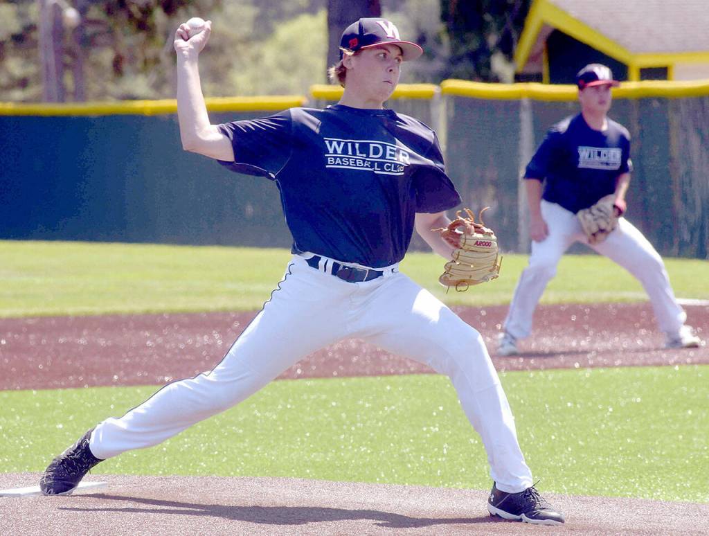 KEITH THORPE/PENINSULA DAILY NEWS Wilder Jr.. pitcher Braedyn Boulden throws in the second inning against Sting AAA on Thursday at Port Angeles Volunteer Field.