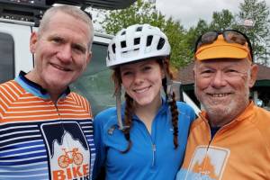 Three generations of Bike the US for MS riders  from left, Michael Davies, Jordyn Davies and Richard Davies  visit the Sequim MS Support Group. (Sequim MS Support Group)