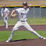 KEITH THORPE/PENINSULA DAILY NEWS Wilder Junior pitcher Hunter Stratford hurls on Saturday against the Pipeline Pirates AAA as third baseman Brandt Perry looks on during the first game of a Saturday doubleheader at Port Angeles Volunteer Field.